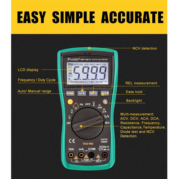 ProsKit MT-1217 3 5/6 Auto Range Digital Multimeter 3999 Counts 1000V 10A