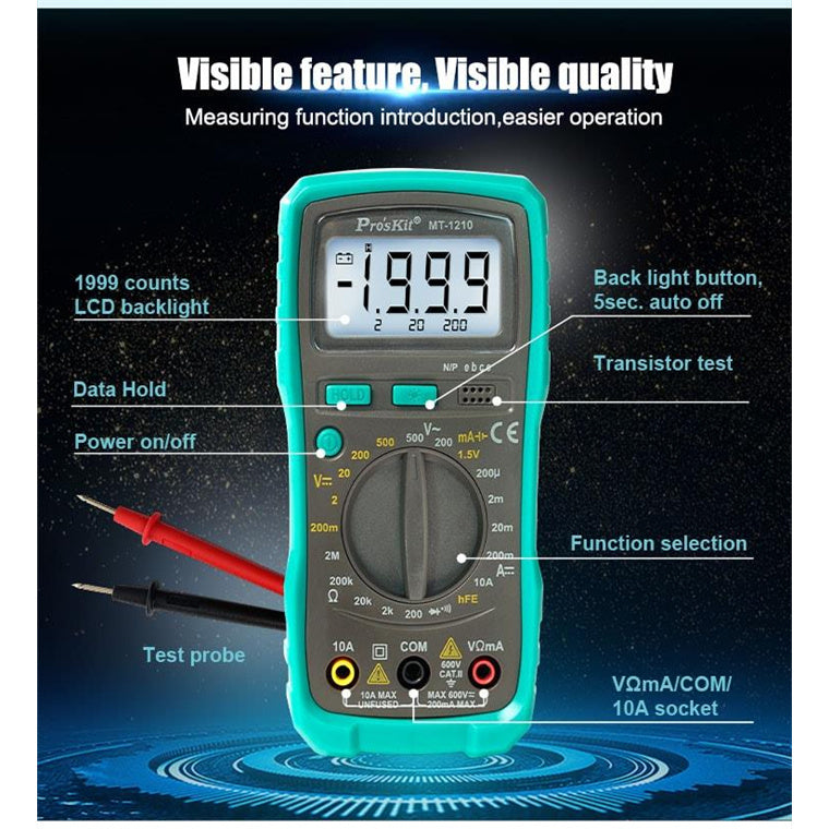 ProsKit MT-1210 3 1/2 Compact Digital Multimeter Lcd Back Light Data Hold Transistor HFE Test