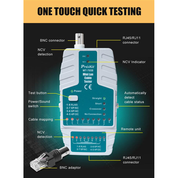 ProsKit MT-7058 Wire Tester Mini Lan Ethernet Cable Tester Multifunctional Network Cable Tester RJ45 RJ11 RJ12 Cat5 Cat6