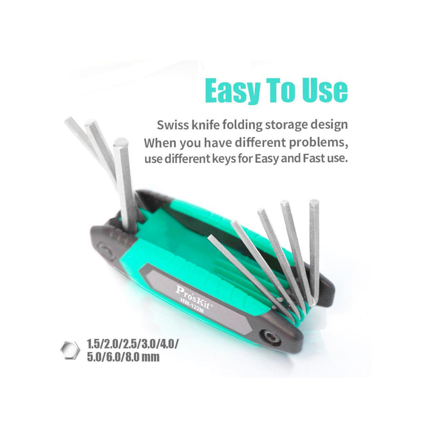 ProsKit 8 PCS Folding Hex Key Set (1.5, 2, 2.5, 3, 4, 5, 6, 8mm) / 2 Years Warranty.
