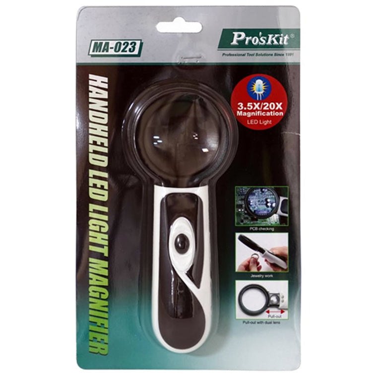 ProsKit MA-023 3.5/20X Handheld LED Light Magnifier Reading Magnifying Glass Lens Jewelry Loupe
