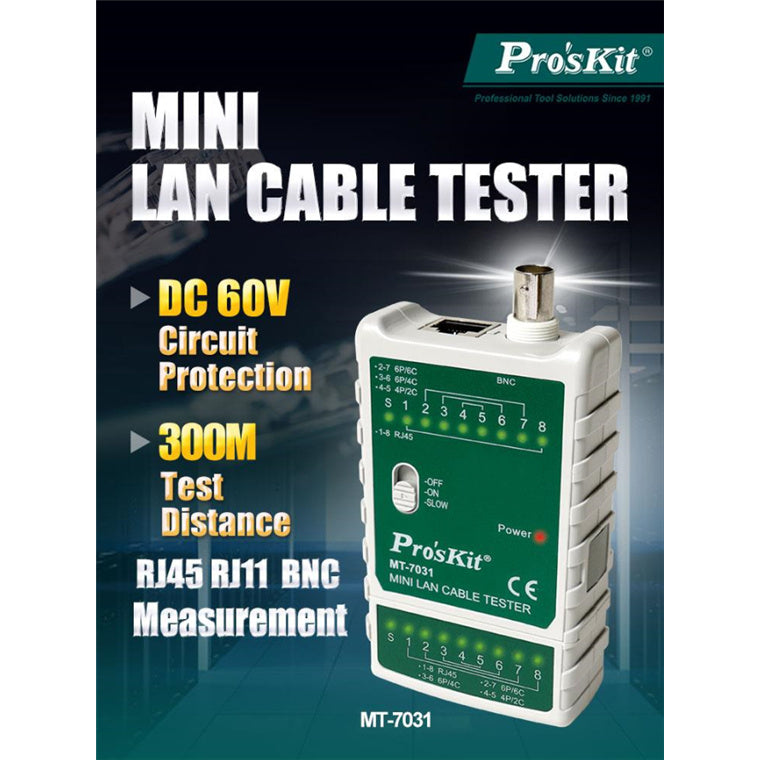 ProsKit MT-7031 Mini Lan Cable Tester - Circuit Protection, 300M Test Distance