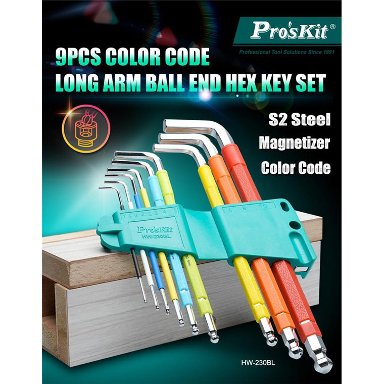 ProsKit HW-230BL 9pcs Color Ballpoint Long Arm Hex Key Set