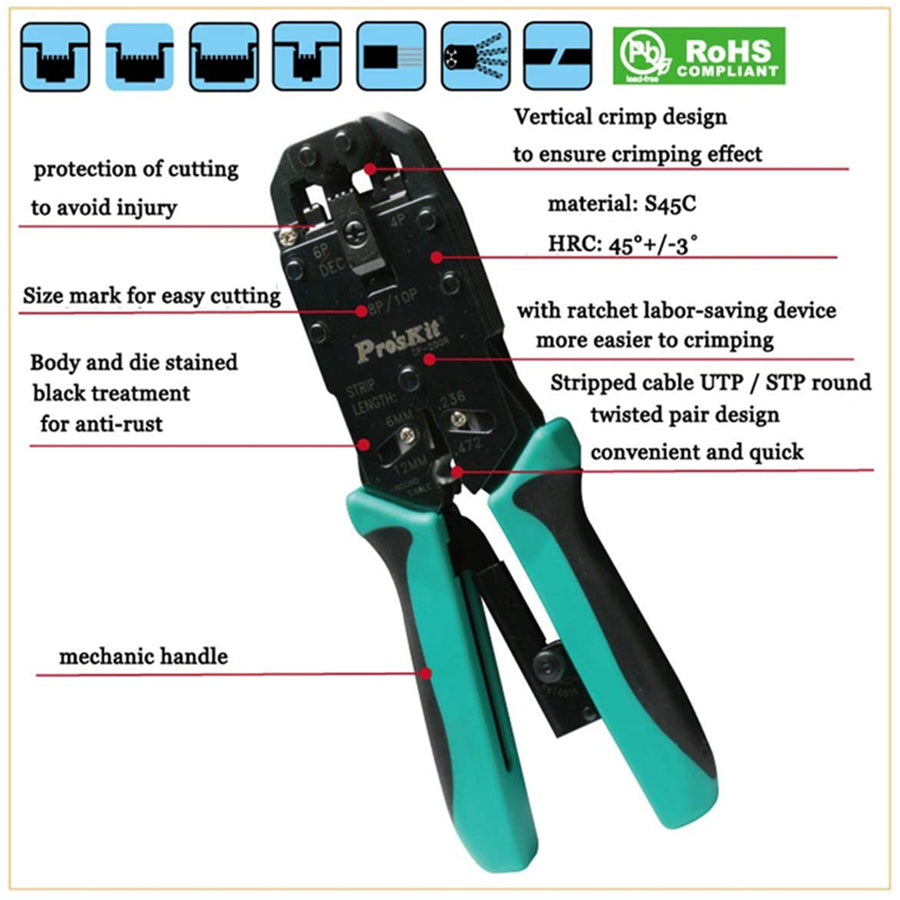ProsKit CP-200R 4 in 1 Professional Modular Crimps Strips & Cuts Tool (205mm)