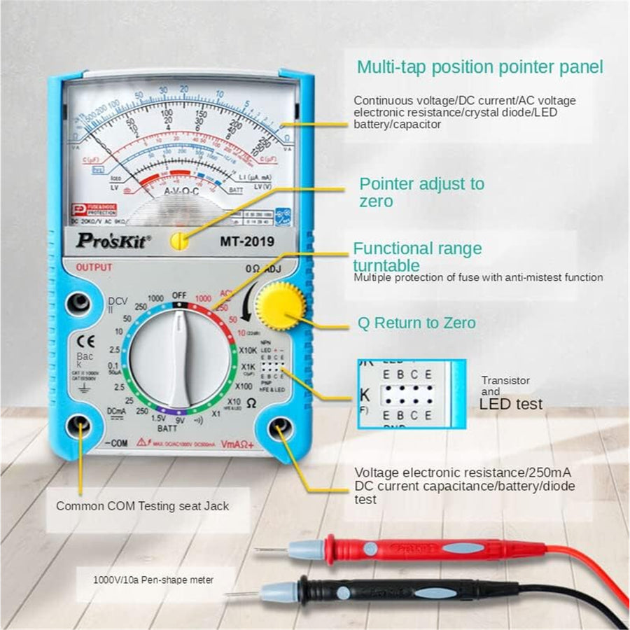 ProsKit MT-2019 Analogue Multimeter Voltage, Resistance, Capacitance, Transistor and More