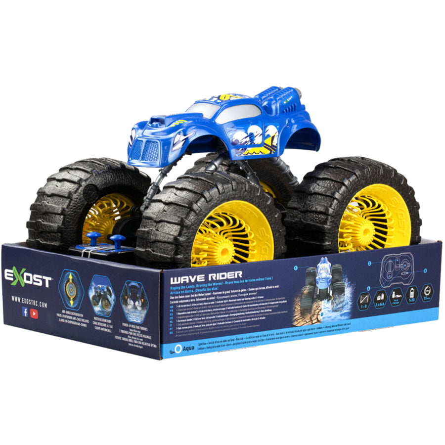 EXOST 1:8 Black & Blue WAVE RIDER, 2.4 GHz, R/C Anti-Shock Suspension Rim, Water Resistant Body, Power-Up with Twin Turbines - For Ages 5+!