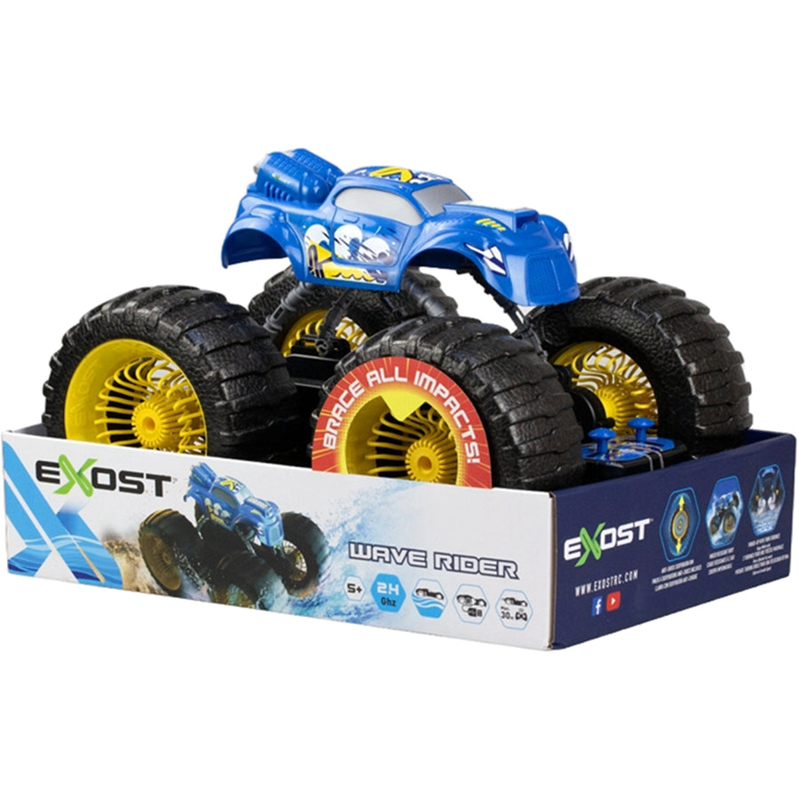 EXOST 1:8 Black & Blue WAVE RIDER, 2.4 GHz, R/C Anti-Shock Suspension Rim, Water Resistant Body, Power-Up with Twin Turbines - For Ages 5+!