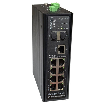 Tycon Systems TP-SW8GAT24-SFP - Tycon Power Managed Industrial 8-Port PoE Switch, 2 x 1Gb SFP, Ports 1-8 24/48V passiv oder 802.3at PoE, 30W