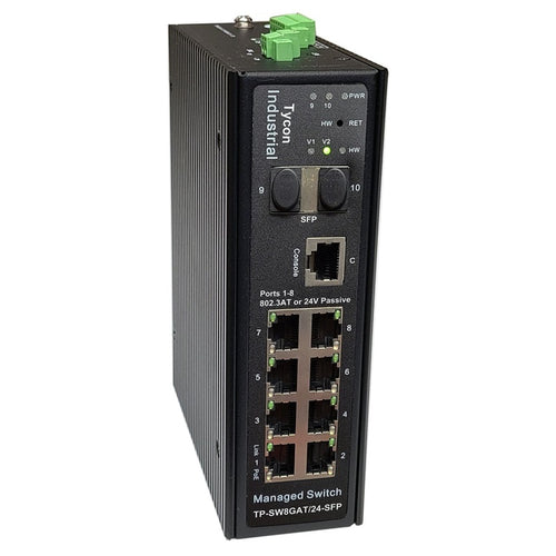 TP-SW8GAT24-SFP - Tycon Systems TP-SW8GAT24-SFP - Tycon Power Managed 8 Port Industrial PoE Switch, 2 x 1Gb SFP, Ports 1-8 24/48V Passive or 802.3at PoE, 30W