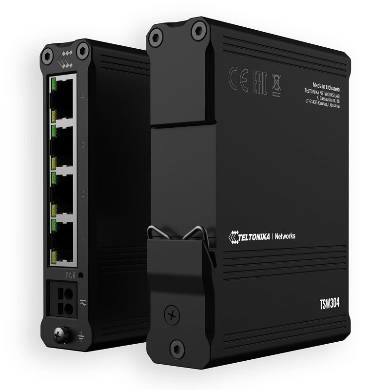 TSW304 - Teltonika 4+1 Port unmanaged gigabit network switch, DIN RAIL Mount, Heavy Duty Shock Resistant design (Power Supply Not Included)