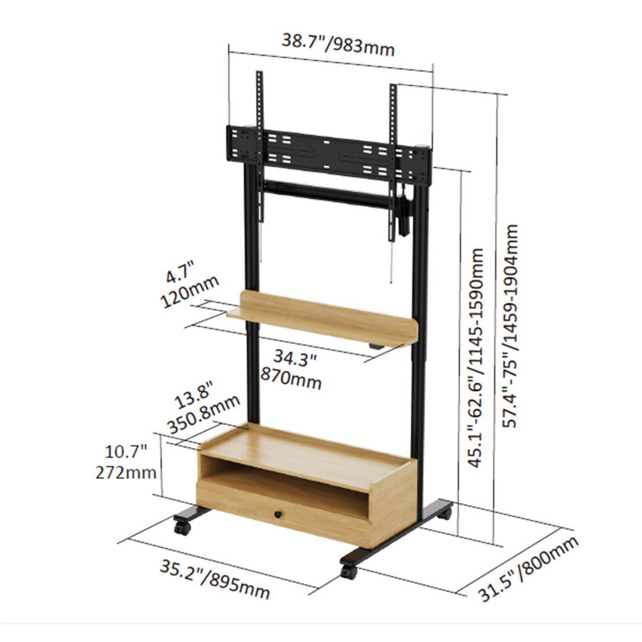 FlexiSpot 37"-100" Motorized TV Cart Mobile Trolley - Single Motor  - 2 Stage Cylindrical Column - Height Range 1145-1590mm - Max Load 80kg - BLACK/WALNUT