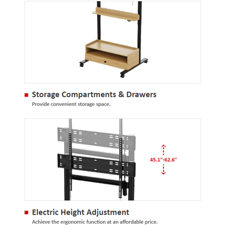 FlexiSpot 37"-100" Motorized TV Cart Mobile Trolley - Single Motor  - 2 Stage Cylindrical Column - Height Range 1145-1590mm - Max Load 80kg - BLACK/WALNUT
