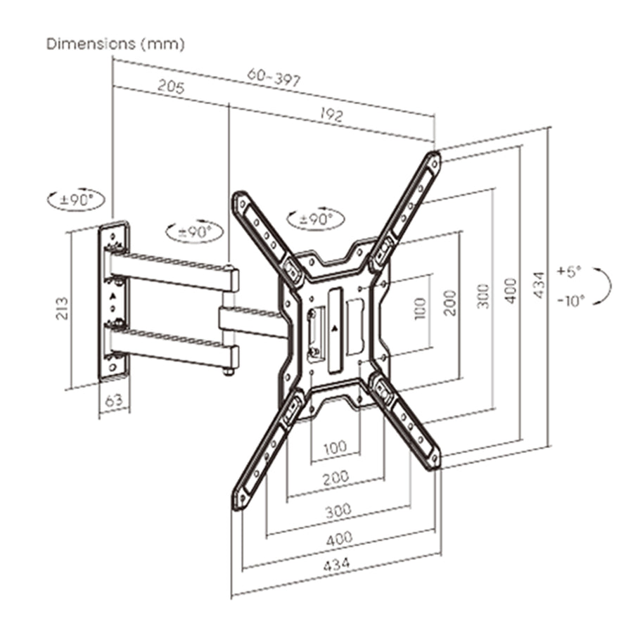 KONIC 23"-65" Full-Motion TV Wall Mount - Weight Capacity 30kg -  Profile 60-397mm - Swivel Range +90~-90