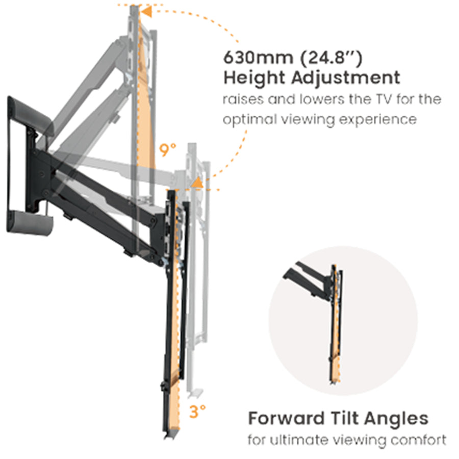 KONIC 43"-70" Fireplace Spring Assisted Pull Down Mantel TV Mount - Height Adjustable 630mm - Weight Capacity 13-33kg - Swivel Range +30~-30 -Profile 160-587mm