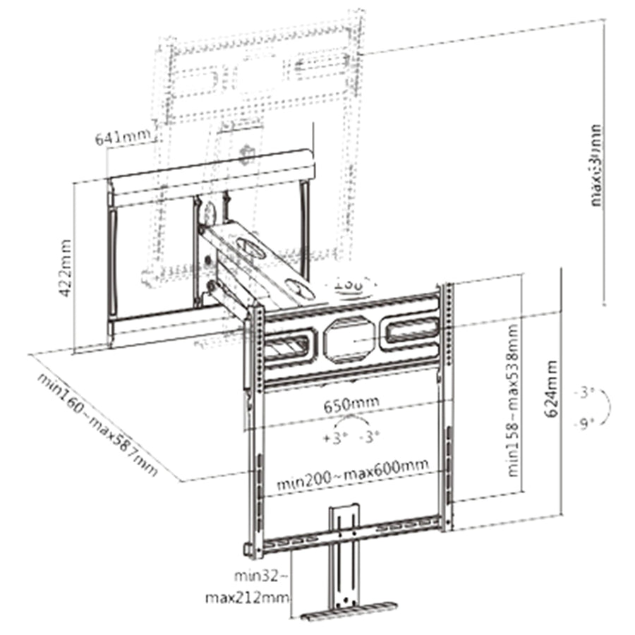 KONIC 43"-70" Fireplace Spring Assisted Pull Down Mantel TV Mount - Height Adjustable 630mm - Weight Capacity 13-33kg - Swivel Range +30~-30 -Profile 160-587mm
