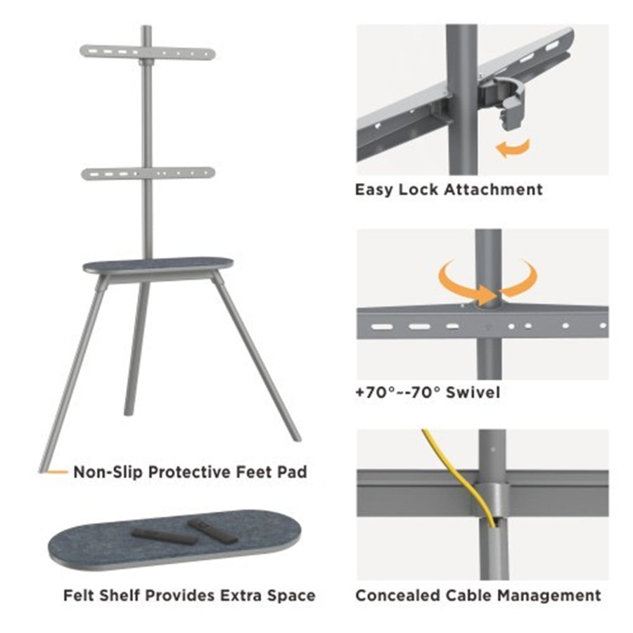 KONIC 42"-65" Tripod Stylish Easel Studio TV Floor Stands With Felt Shelf - Weight Capacity 40kg - Swivel Range +70~-70 - Max VESA 400X400mm