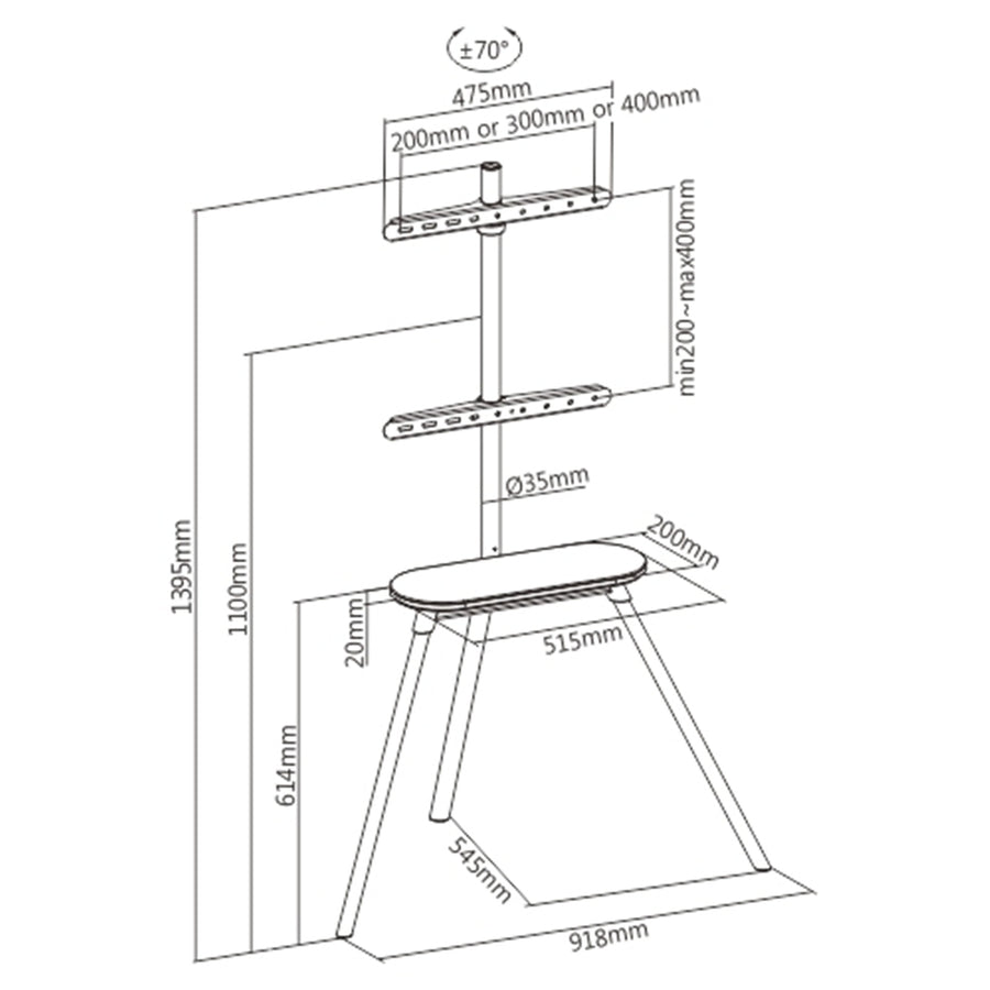 KONIC 42"-65" Tripod Stylish Easel Studio TV Floor Stands With Felt Shelf - Weight Capacity 40kg - Swivel Range +70~-70 - Max VESA 400X400mm