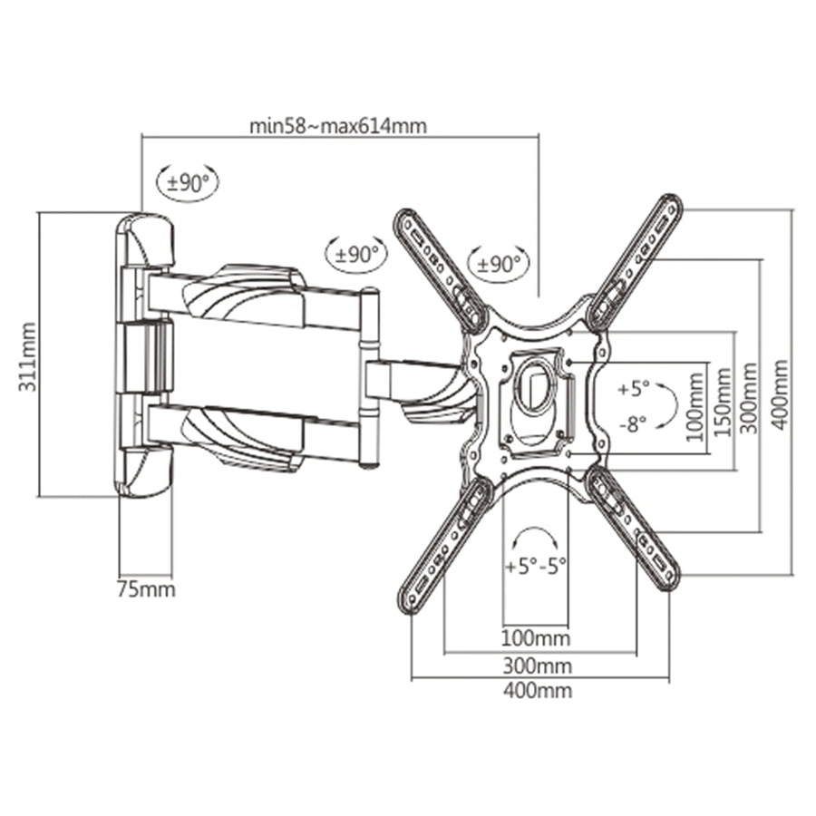 KONIC 23"-55" Full-Motion TV Wall Mount - Weight Capacity 35kg -  Profile 58-614mm - Swivel Range +90~-90