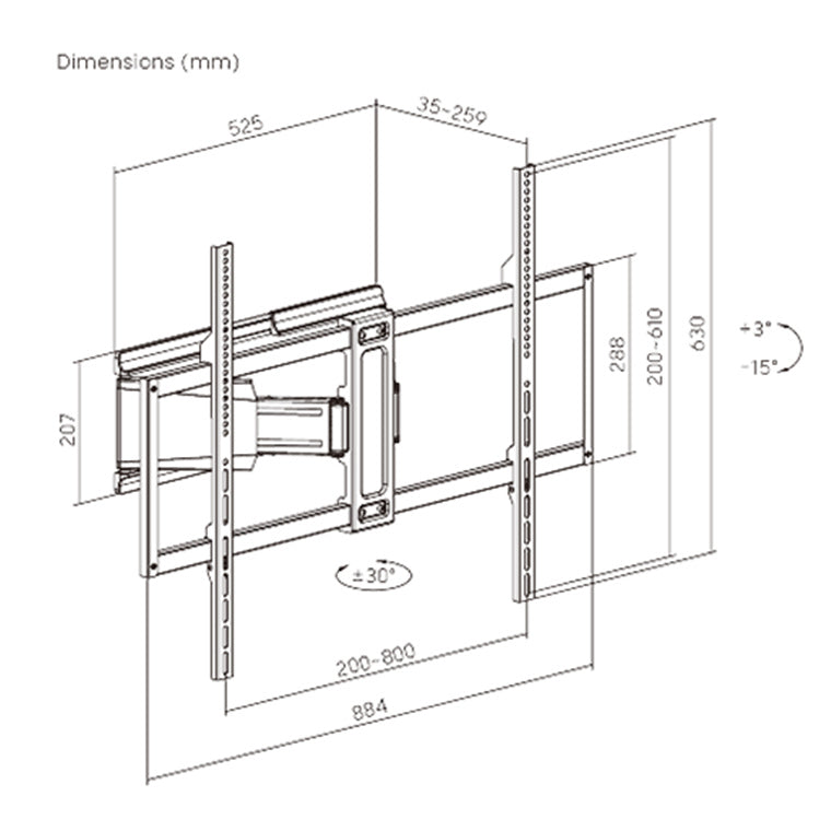 KONIC 50"-100" Full-Motion TV Wall Mount Ultra Slim Heavy Duty - Weight Capacity 65kg - Swivel Range +30~-30