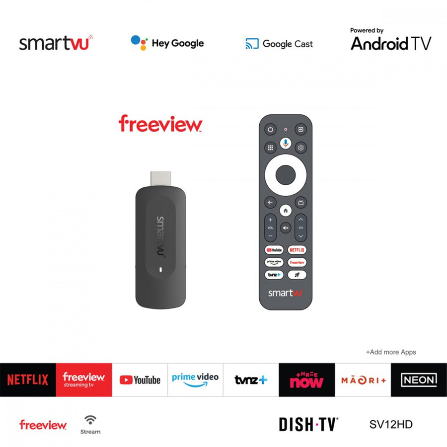 DishTV SmartVu SV12HD FHD Android 14 TV Streaming Dongle with NZ Freeview Streaming TV