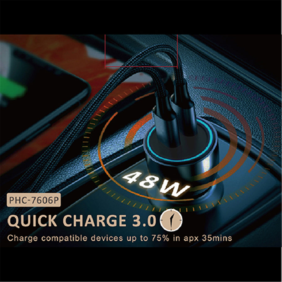 PHILEX  PHC-7606P 3Dual Quick Charge, 48W large power by PD and QC3.0 Car Charger