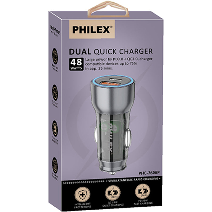 PHILEX  PHC-7606P 3Dual Quick Charge, 48W large power by PD and QC3.0 Car Charger