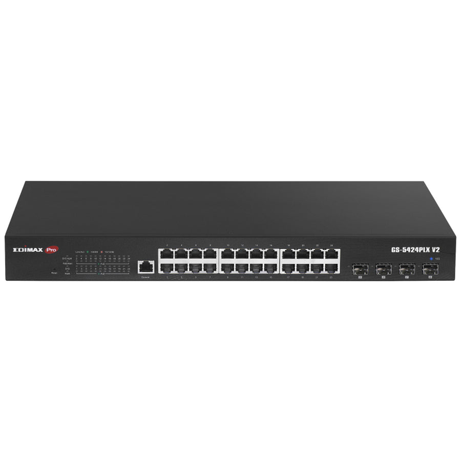 EDIMAX GS-5424PLXV2 - 24 Port Gigabit PoE+ Web Smart Surveillance Switch w/ 4 Port 10GbE SFP+ Uplinks.