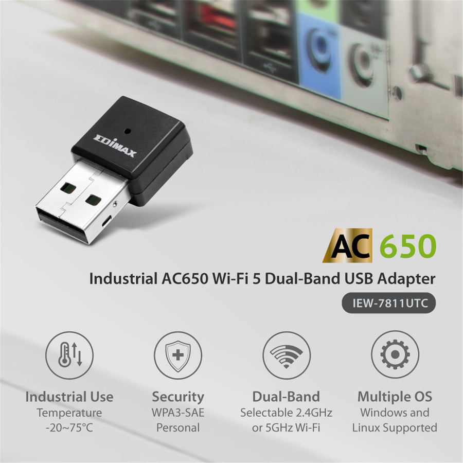 EDIMAX IEW-7811UTC - Industrial AC650 Wi-Fi 5 Dual-Band USB Adapter.