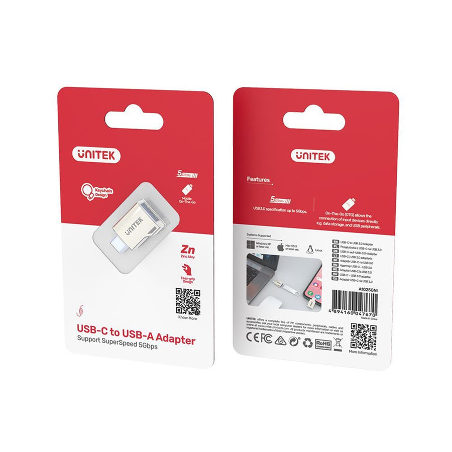 Unitek A1025GNI  USB-C to USB-A Ultra-Tiny AdaptorwithEasyGripDesign.SupportsSuperspeed5Gbps.BuiltTough with Zinc-Alloy Housing & Keychain Eye. Supports QC3.0 & Up to 9V/2A C