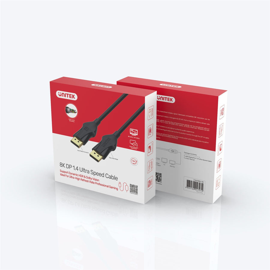 Unitek C1624BK-5M - 5m DisplayPort V1.4 Cable Supports 8K@60Hz 4K@144Hz & 1440p@240Hz 32.4Gbps