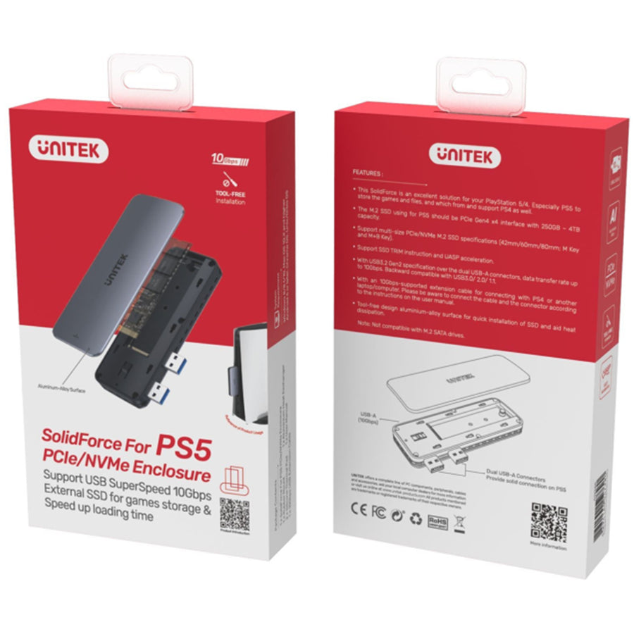 Unitek S1224A - PS5 External Storage. Dual USB-A 10G to M2 PCIe/NVMe Enclosure. Grey
