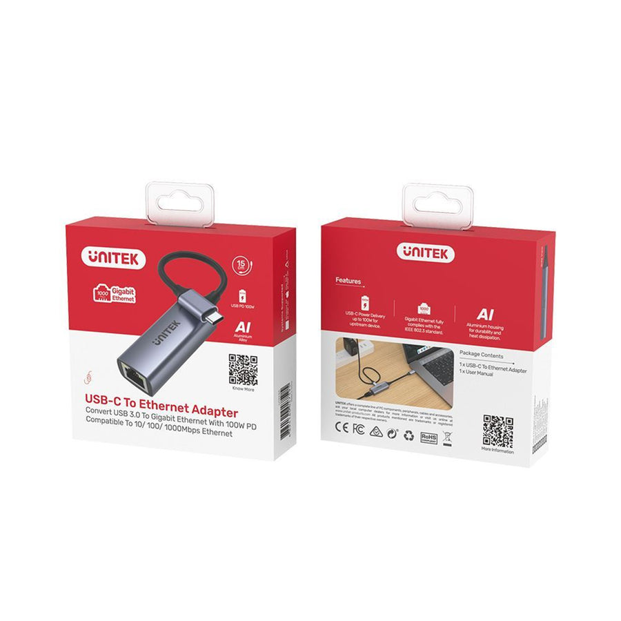 Unitek U1323A - USB-C to Gigabit Ethernet Adapter. Data Transfer Rate 5Gbps 100W Power Delivery.