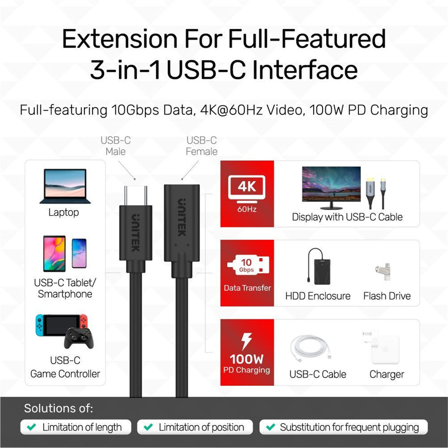 Unitek C14086BK-1M - 1m USB-C 3.1 Male to Female Extension Cable. up to 4K@60Hz 100W/20V 5A Power