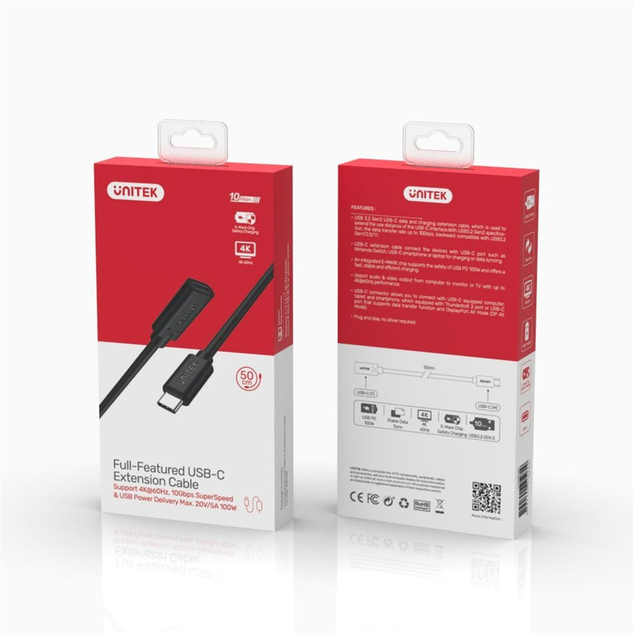 Unitek C14086BK-1M - 1m USB-C 3.1 Male to Female Extension Cable. up to 4K@60Hz 100W/20V 5A Power