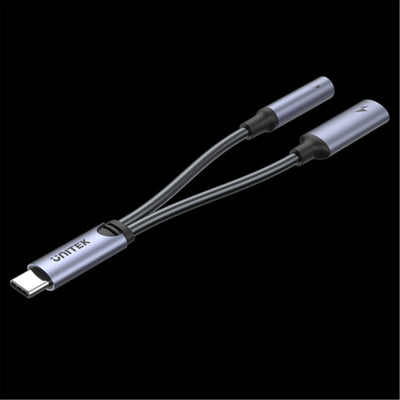 Unitek M205A 2-in-1 USB-C to 3.5mm Audio Jack & USB-C Charging Connector. Supports up to 60W FastCharging. Supports High-res Audio: DAC: 48KHz /16bit. Spilt your USB-C Port into 3.5mm Audio Jack & Charger.