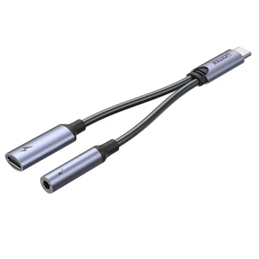 Unitek M205A 2-in-1 USB-C to 3.5mm Audio Jack & USB-C Charging Connector. Supports up to 60W FastCharging. Supports High-res Audio: DAC: 48KHz /16bit. Spilt your USB-C Port into 3.5mm Audio Jack & Charger.