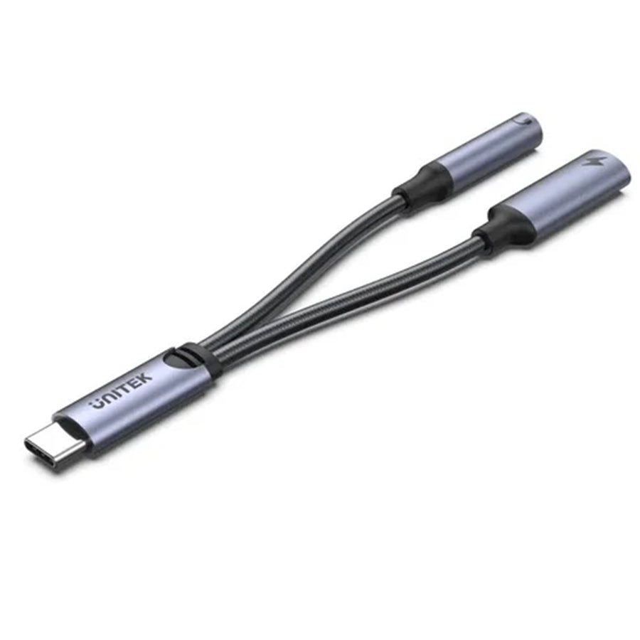 Unitek M205A 2-in-1 USB-C to 3.5mm Audio Jack & USB-C Charging Connector. Supports up to 60W FastCharging. Supports High-res Audio: DAC: 48KHz /16bit. Spilt your USB-C Port into 3.5mm Audio Jack & Charger.