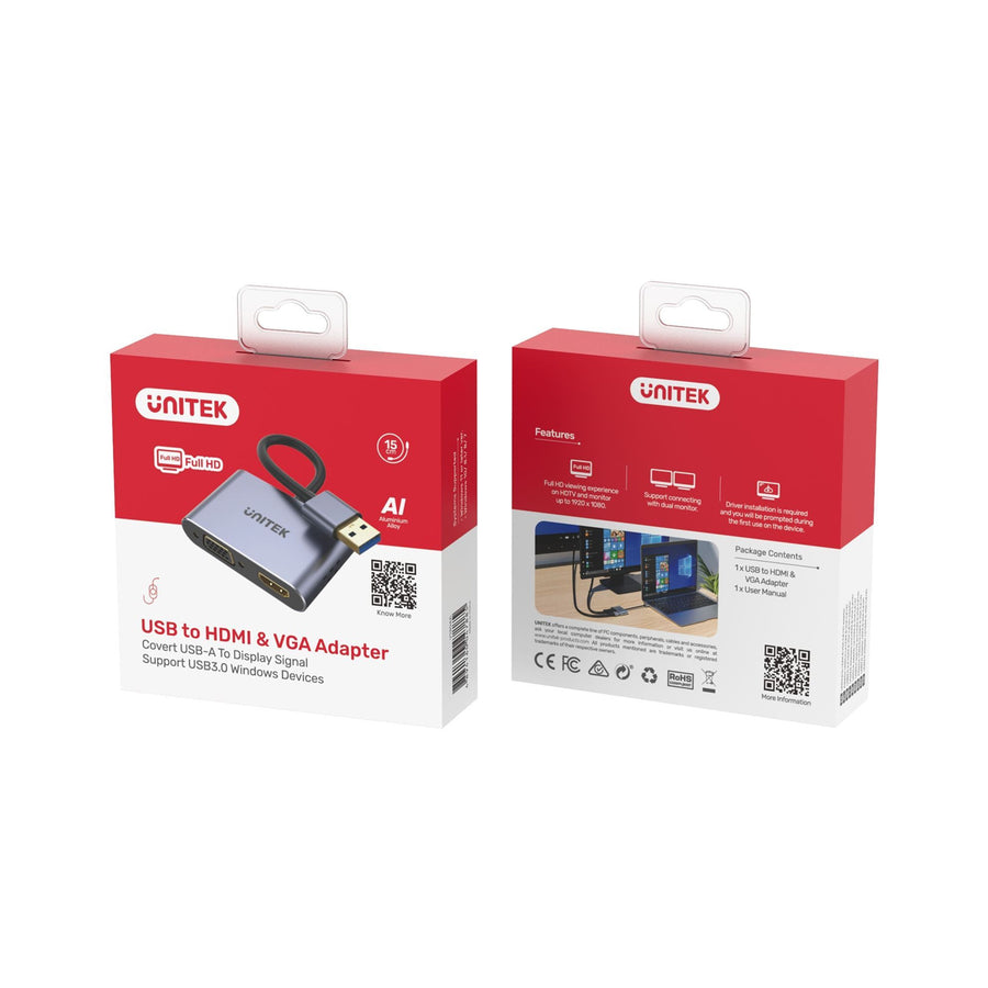 Unitek V1304A - USB-A to HDMI 2.0 & VGA Adapter Dual Monitor Support. Screen Res up to 1920x1080P