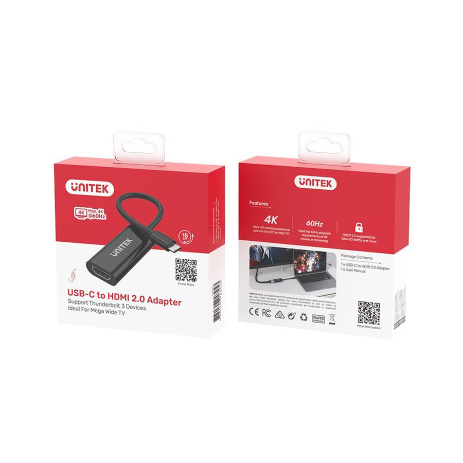 Unitek V1421A - USB-C to HDMI 2.0 Adapter 4K@60Hz UHD HDMI Output HDCP 2.3 & 3D Video.