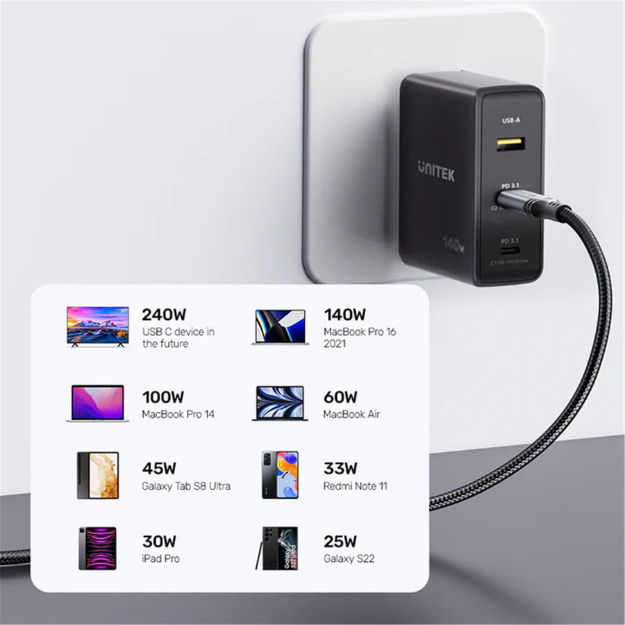 Unitek C14110GY-2M - 2M USB-C to USB-C Cable. Supports 240W Super Speed Fast Charging.