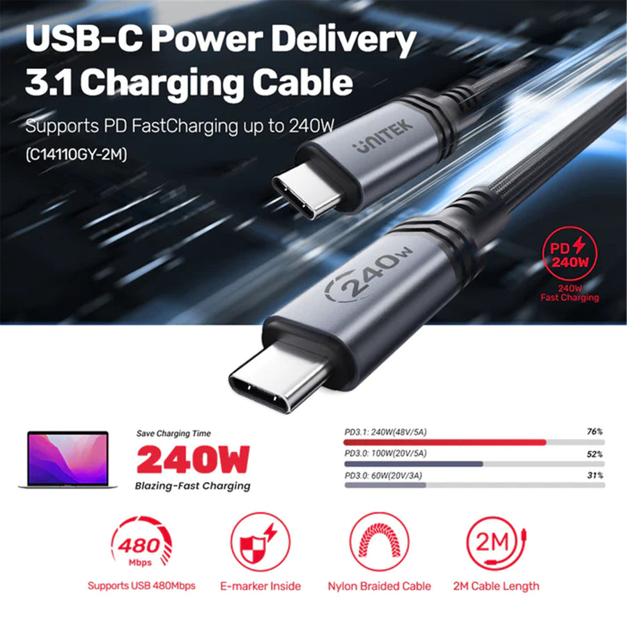 Unitek C14110GY-2M - 2M USB-C to USB-C Cable. Supports 240W Super Speed Fast Charging.