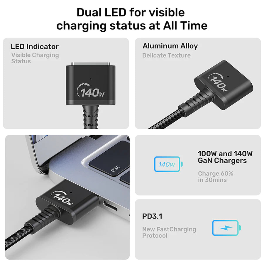 Unitek C14121BK-2M - 2M 140W USB-C to MagSafe 3 Charging Cable for MacBook. Tangle Free Nylon Braided