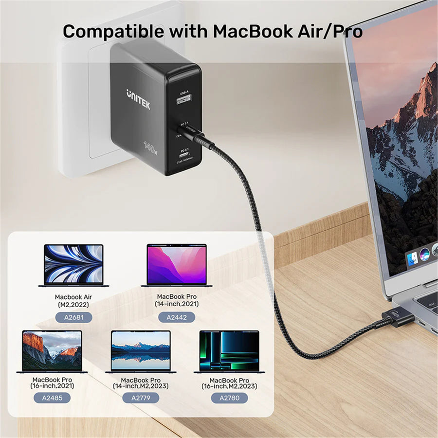 Unitek C14121BK-2M - 2M 140W USB-C to MagSafe 3 Charging Cable for MacBook. Tangle Free Nylon Braided