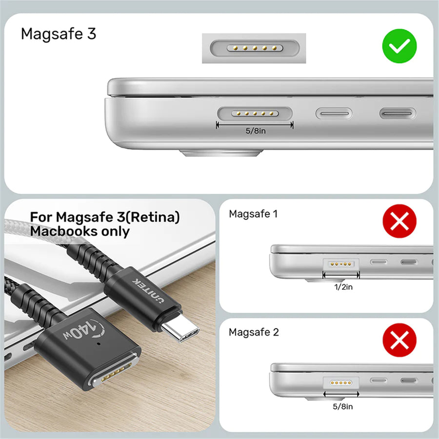 Unitek C14121BK-2M - 2M 140W USB-C to MagSafe 3 Charging Cable for MacBook. Tangle Free Nylon Braided