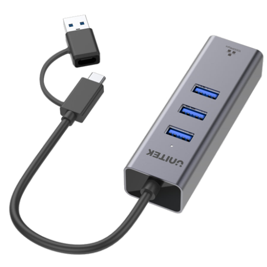 Unitek Y-3088B - 4-in-1 USB Multi-port Hub w/ 2-in-1 Connectors (USB-C & USB-A). Includes 3x USB-A 3.0
