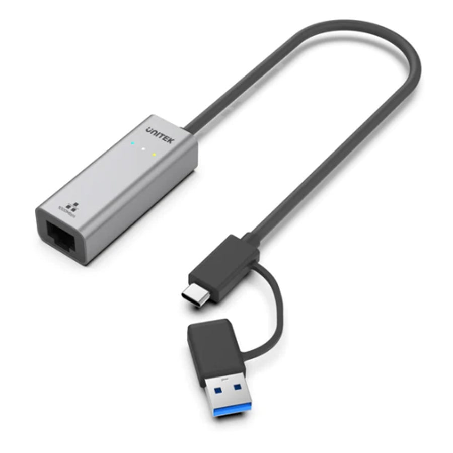 Unitek Y-3465A USB to Gig Ethernet Adapter with 2-in-1 Connectors (USB-C & USB-A) Supports up to 1Gbps, Supports IEEE 802.3, Aluminium Alloy Housing, 30cm Cable, Space Grey Colour.