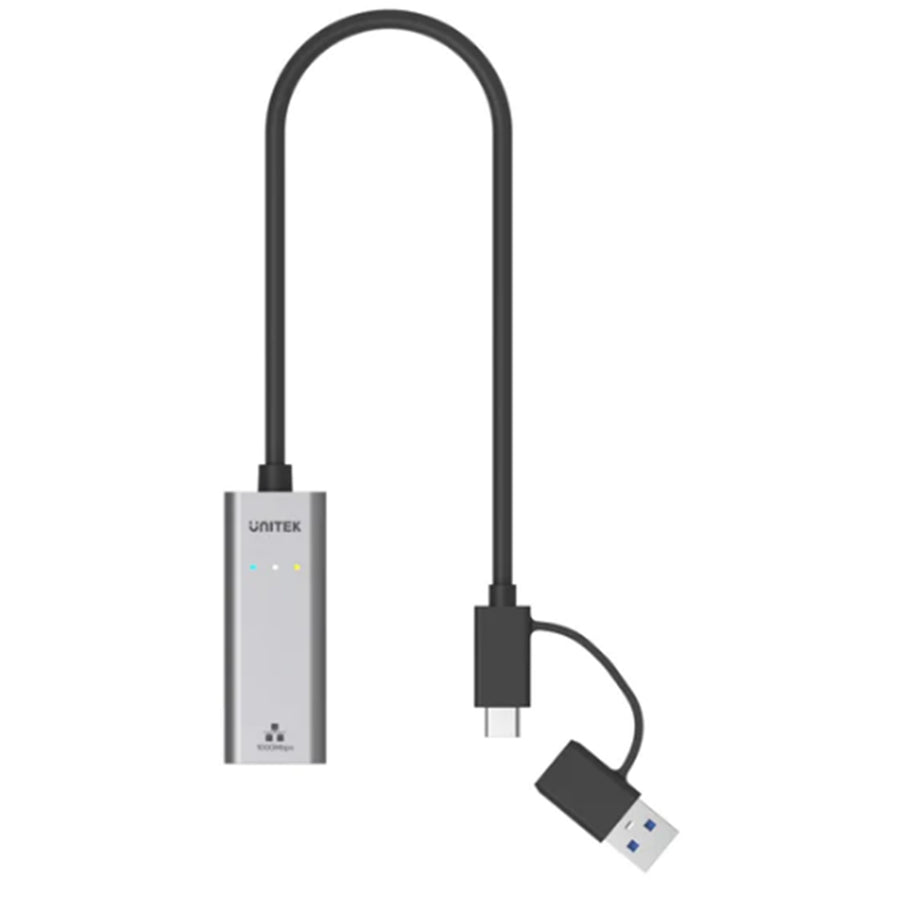 Unitek Y-3465A USB to Gig Ethernet Adapter with 2-in-1 Connectors (USB-C & USB-A) Supports up to 1Gbps, Supports IEEE 802.3, Aluminium Alloy Housing, 30cm Cable, Space Grey Colour.