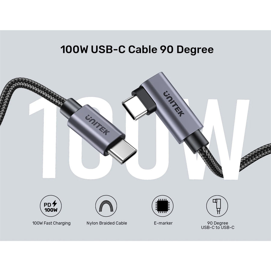Unitek C14123BK-2M - 2m USB-C to Right Angled 90 Degree USB-C Connector. Supports 100W PD Fast Charging