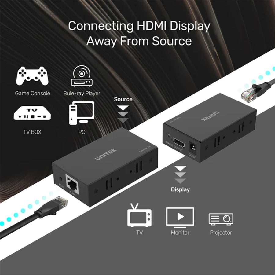 Unitek V100A - HDMI & IR Extender Kit Over Cat6 up to 60M. Supports up to 4K@30Hz.