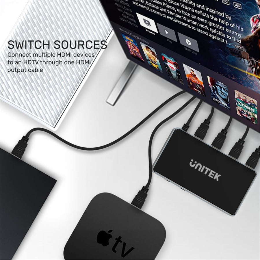 Unitek V1110A - 5-In-1-Out 4K HDMI 1.4b Switch. Supports up to 4K@30Hz (UHD) Resolution (3840 x 2160)